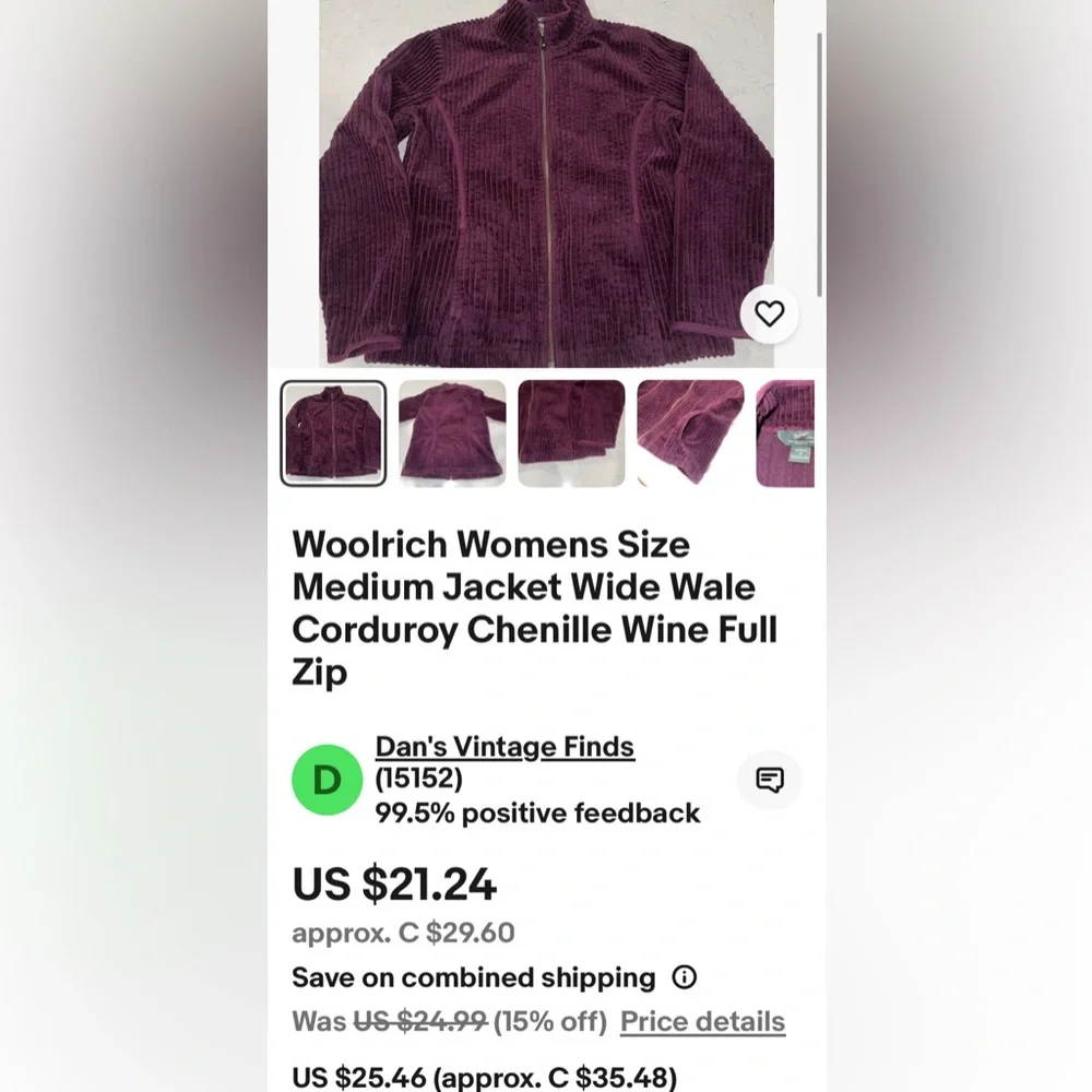 Women’s Woolrich Kinsdale Corduroy Burgundy Full Zip Jacket, Pockets! Size L - Picture 10 of 17